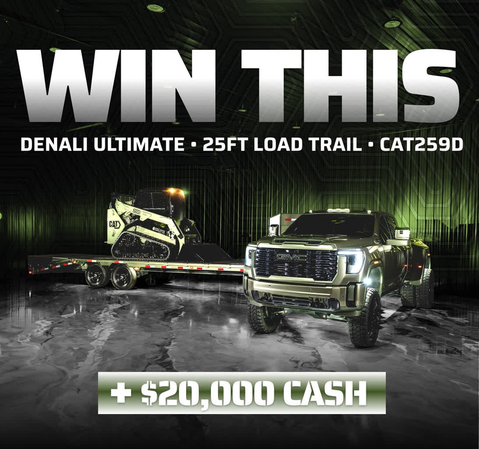  2024 GMC 3500 Denali Ultimate, 25’ Load Trail Gooseneck, Cat 259D Skid Steer and 20k Cash  
