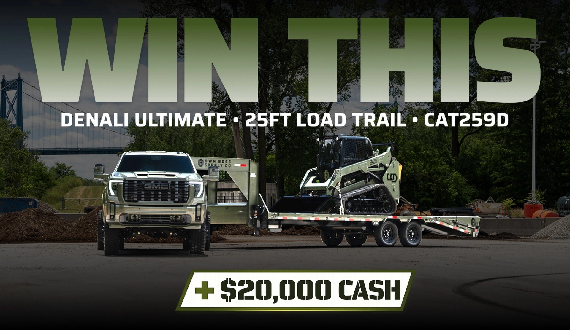  2024 GMC 3500 Denali Ultimate, 25’ Load Trail Gooseneck, Cat 259D Skid Steer and 20k Cash  